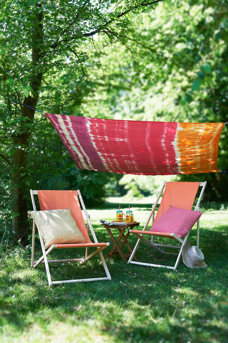 Awning dyed using shibori technique