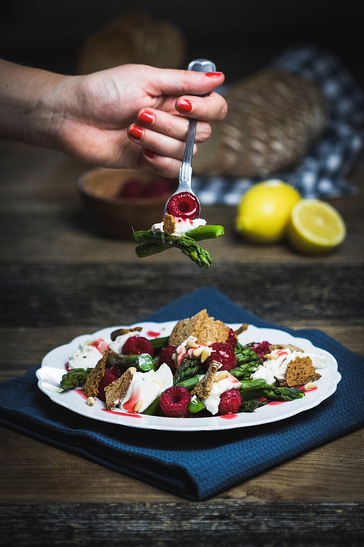 Raspberry and asparagus salad with ricotta and sourdough bread chips