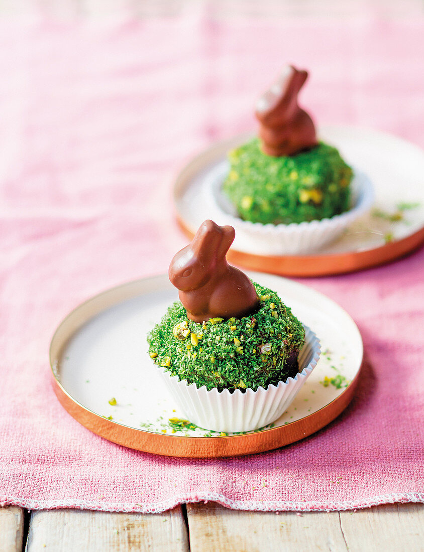 Easter cupcakes decorated with chocolate bunnies