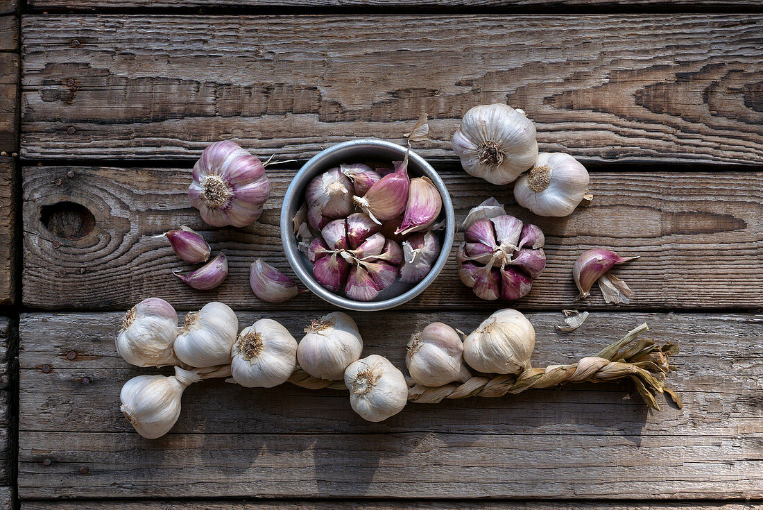 Garlic composition on a wooden table in the garden