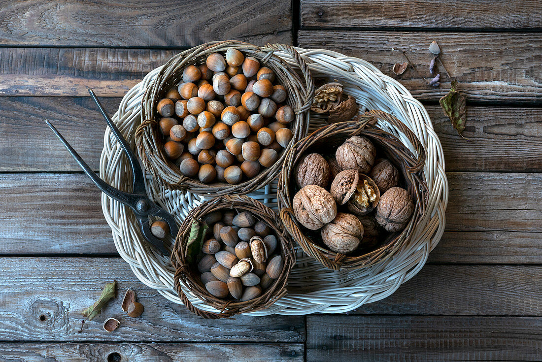Selection of nuts on a wicker tray