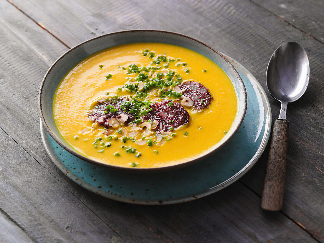 Pumpkin soup with fried black pudding