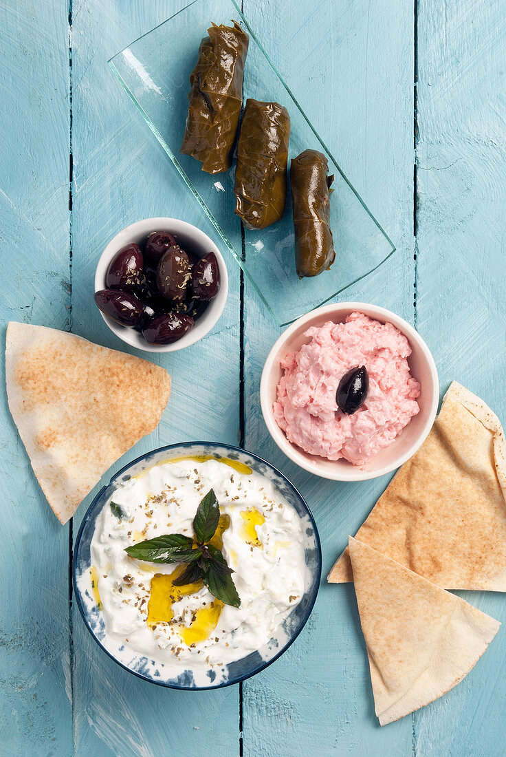 Griechische Meze - Dolmadakia, Taramas, Tzatziki, Oliven und Pita