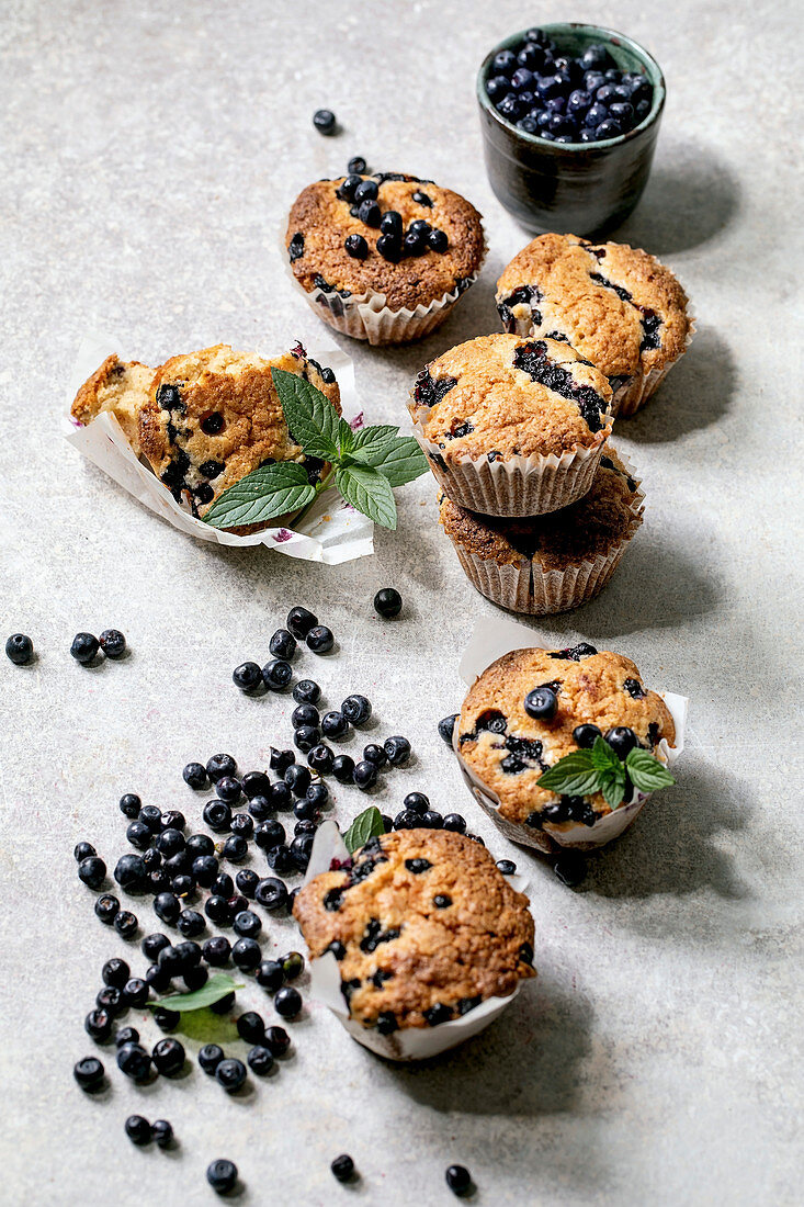 Homemade blueberry muffins in paper cupcake holder