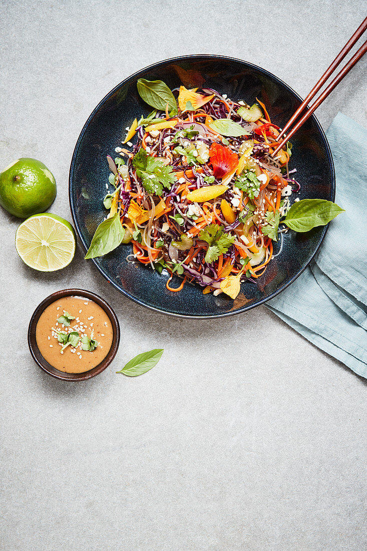 Spicy kelp noodle bowl with lime and chili sauce