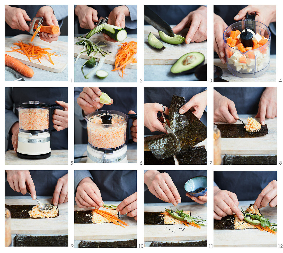 Preparing temaki with vegetable rice, avocado and herbs