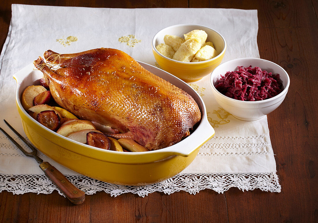 St. Martin goose with pottao dumplings and red cabbage