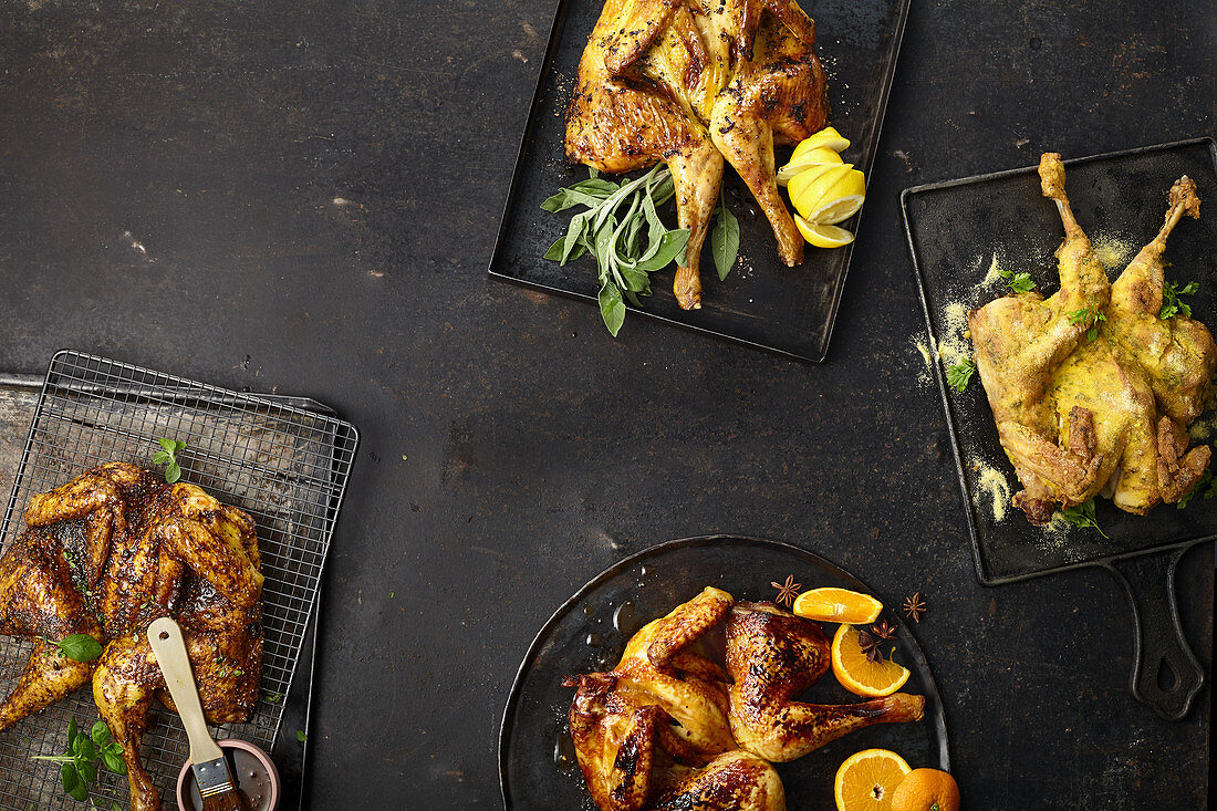 Four types of fried chicken - polenta, anise-orange, cajun, butter-lemon