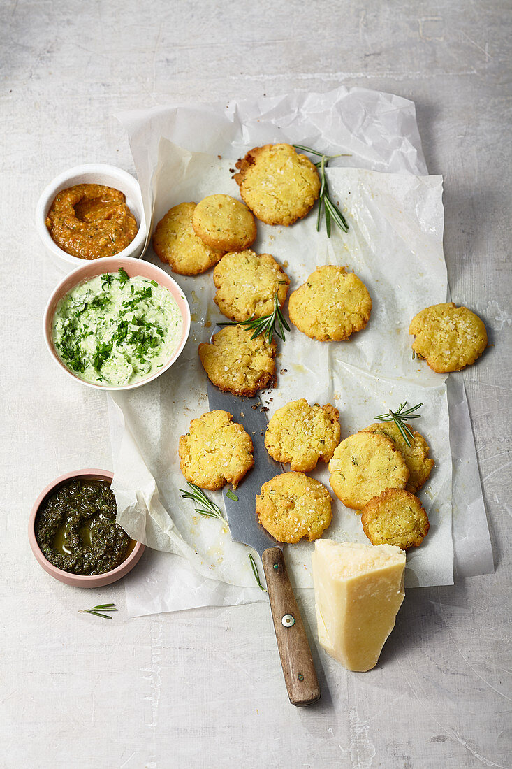 Parmesan biscuits with dips