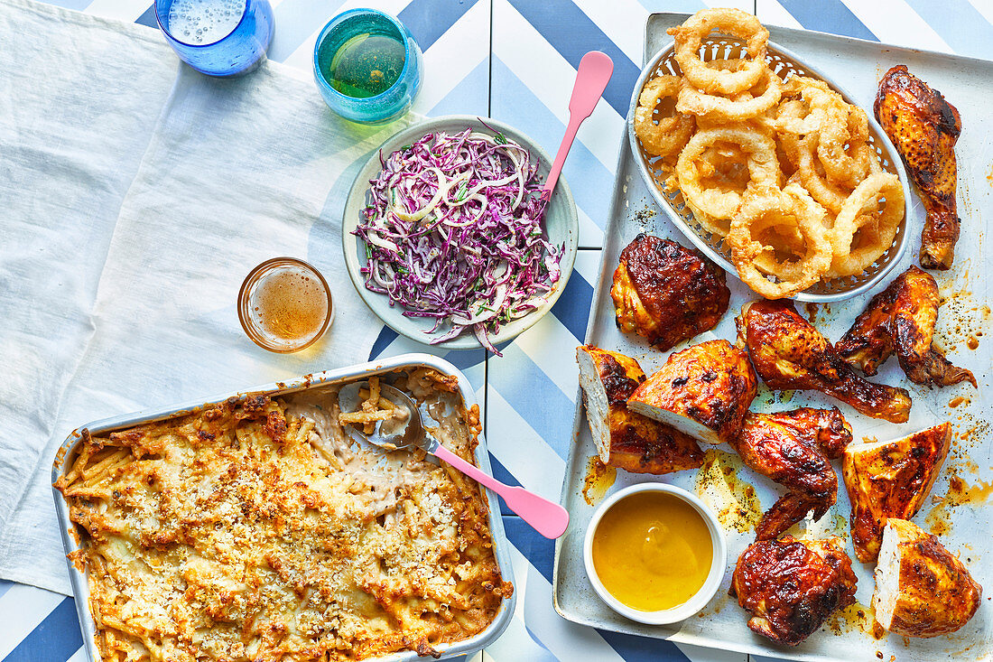 Truffled mac and cheese, BBQ chicken platter, Pickled onion rings