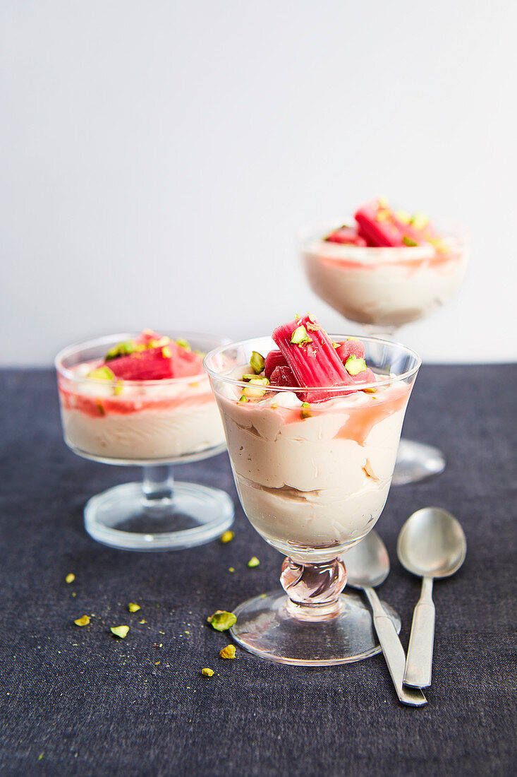 Rhubarb fool with confit rhubarb and pistachios