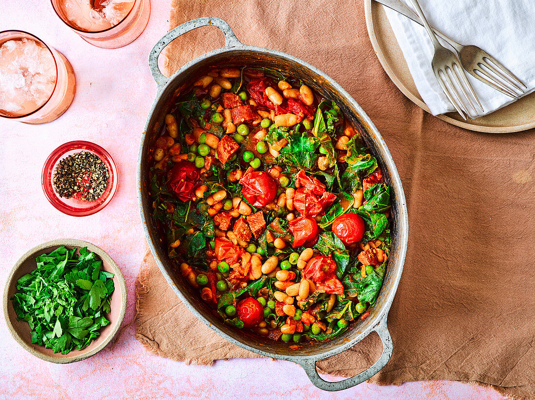 Healthy chorizo, greens and bean stew