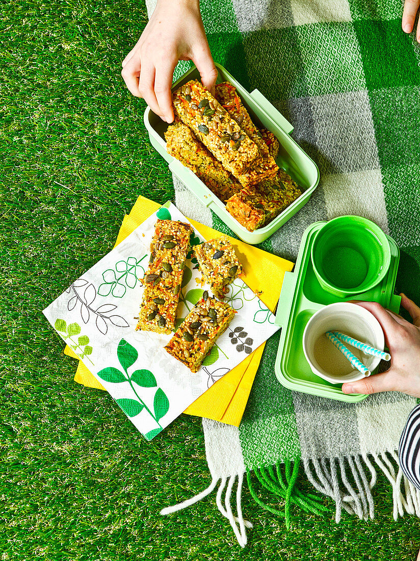 Savoury flapjacks with cheese, seeds and chives for a picnic