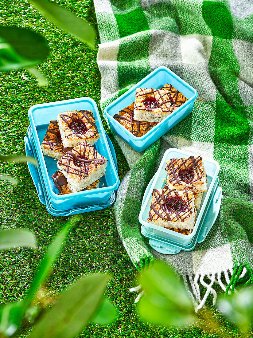 Coconut sheet cake with jam in lunch boxes for a picnic