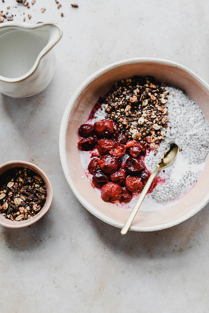 Chia pudding with cherries and granola