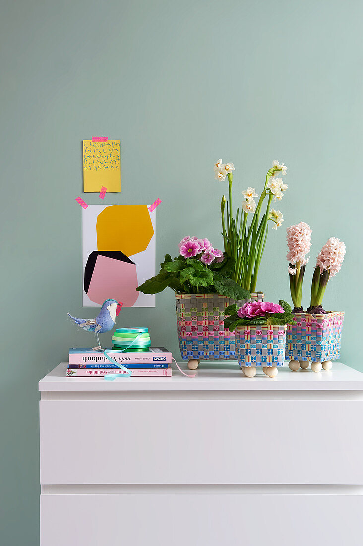 Flower baskets on homemade wooden feet