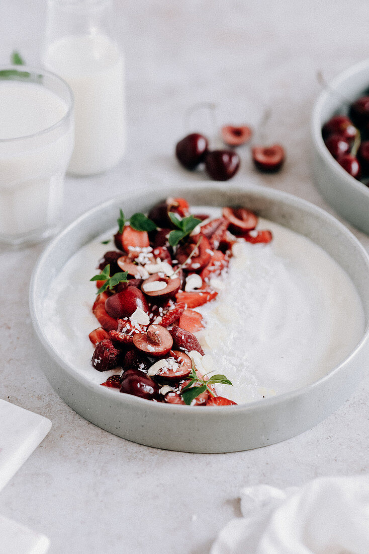 Yogurt with cherries and strawberries