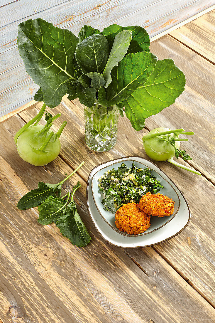 Kohlrabi leaves with spinach and lentil patties