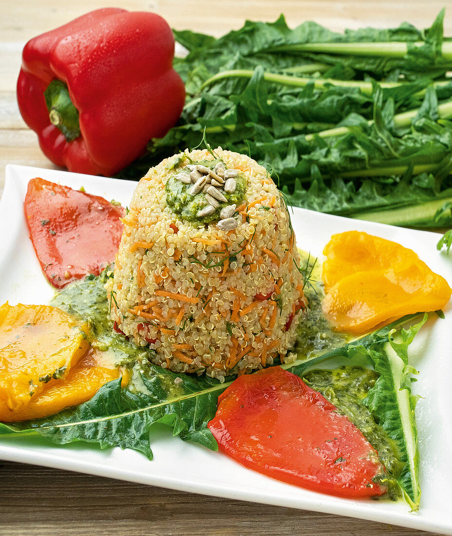 Zarte Paprikafilets mit Quinoa und Kräutersauce