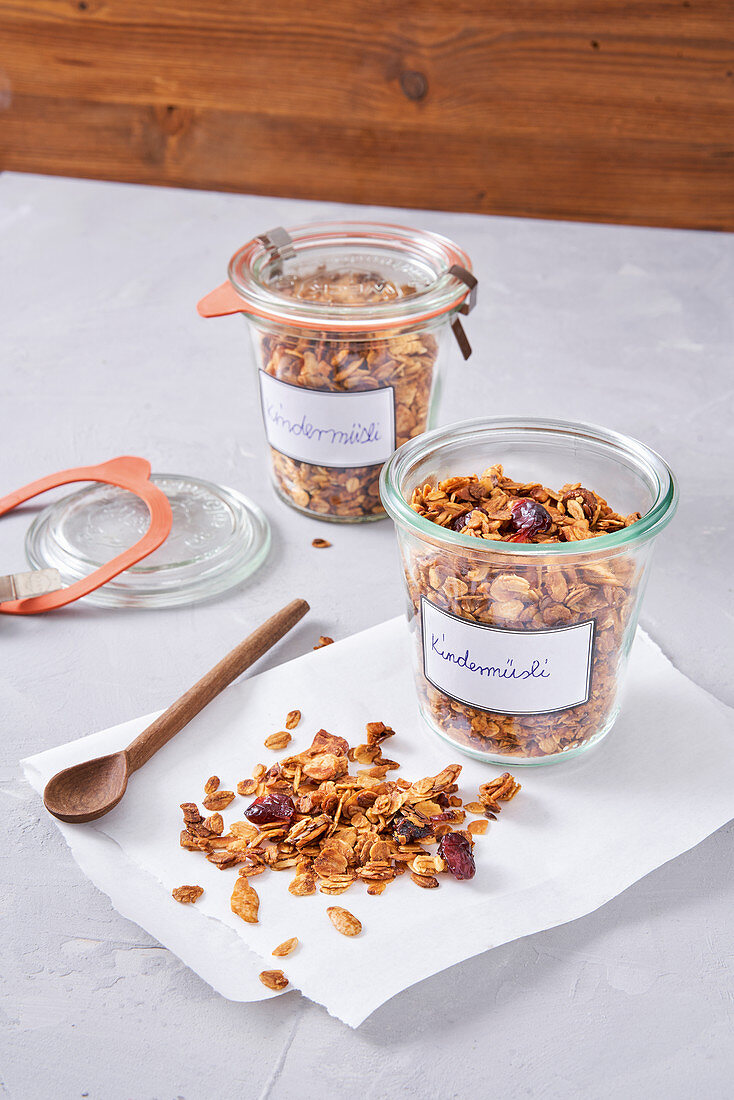 Homemade children's muesli with flax seeds, almonds and honey