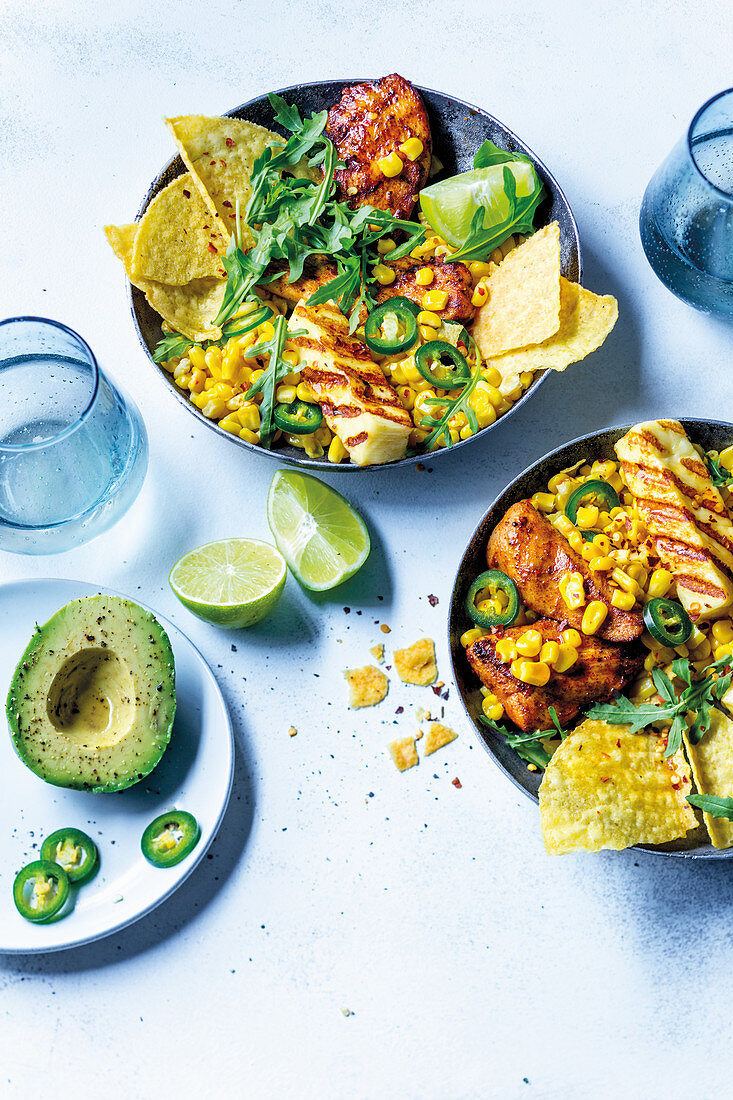 Chicken and corn nacho bowls