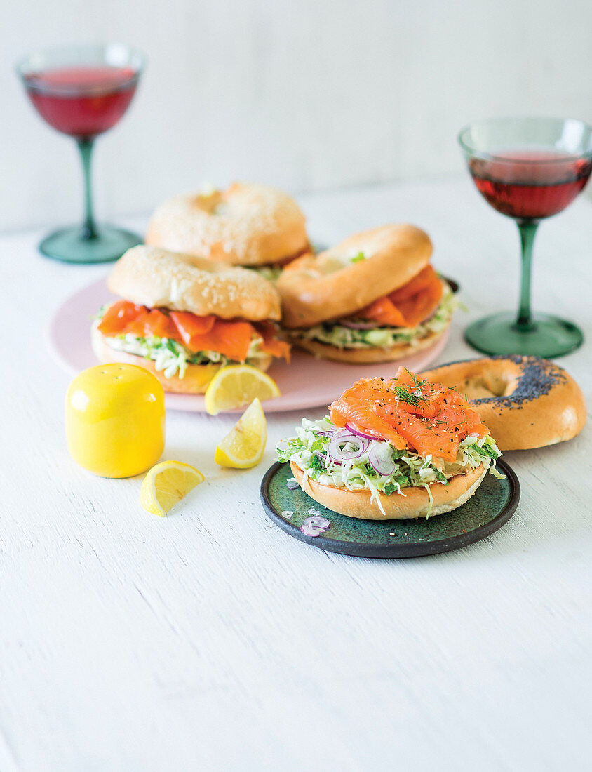 Smoked fish bagels with fennel and horseradish slaw