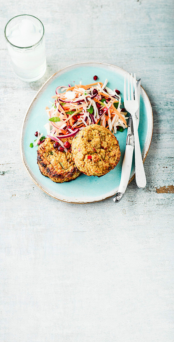 Miso burgers with mint and pomegranate slaw