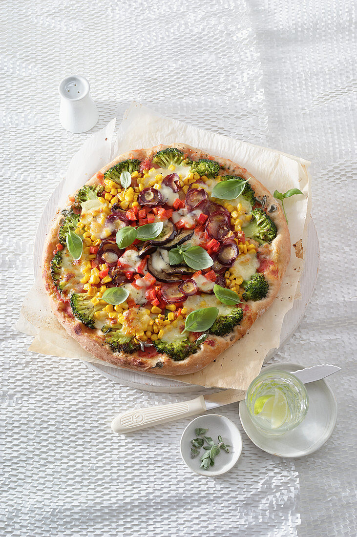 Vegetarian rainbow pizza with a spelt base