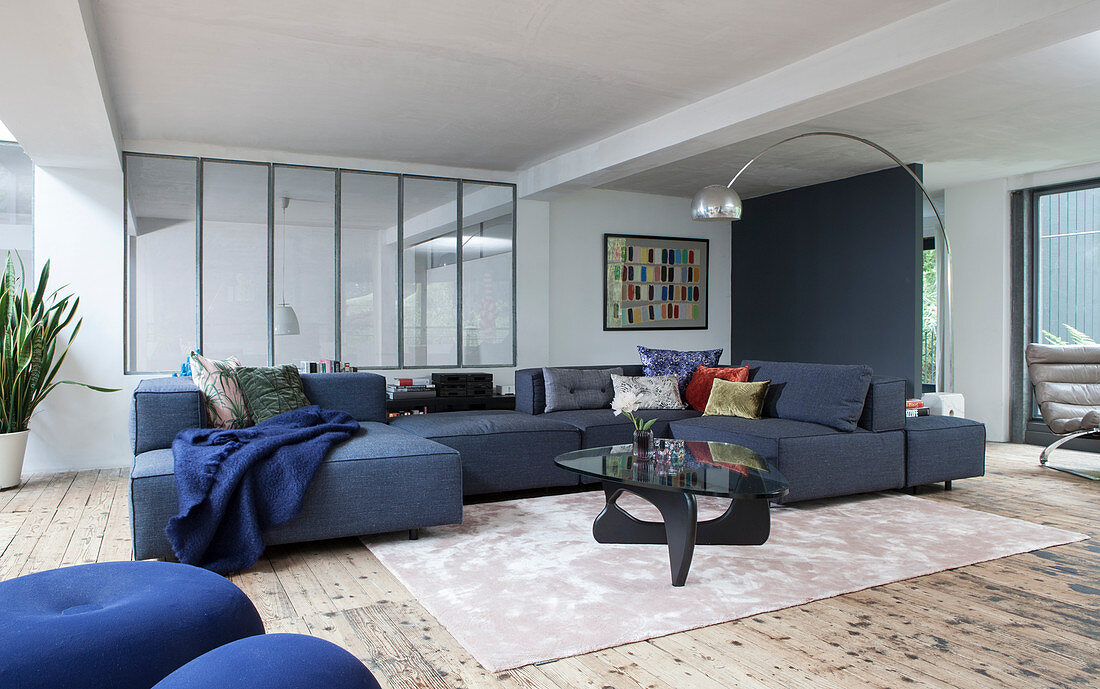 Gray upholstered suite and coffee table in the lounge area