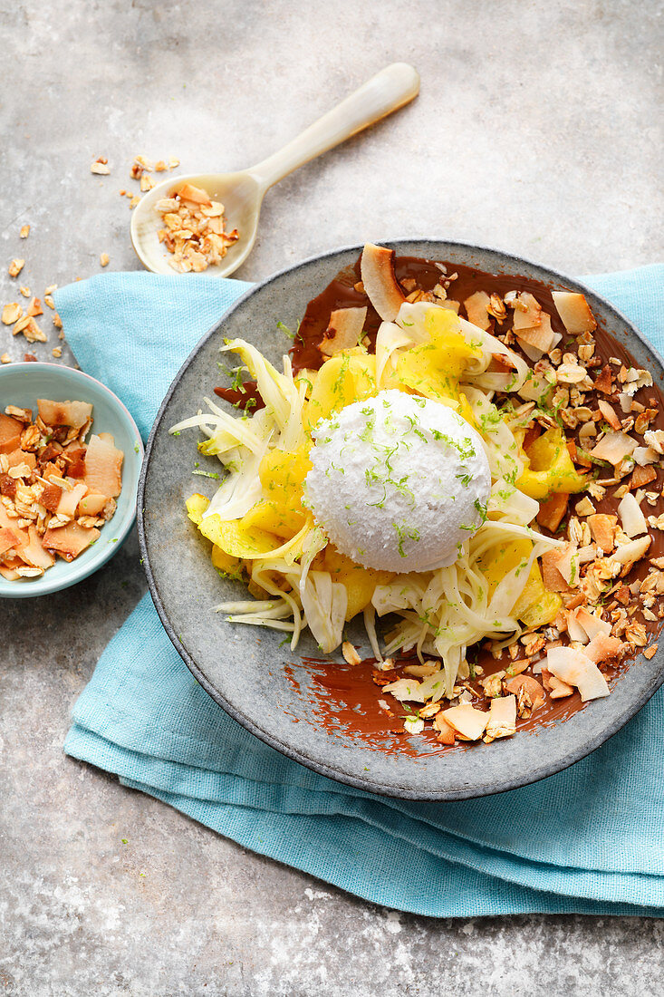 Coconut sorbet on pineapple and fennel salad