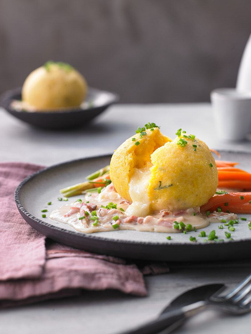 Polenta dumplings with a creamy Taleggio filling