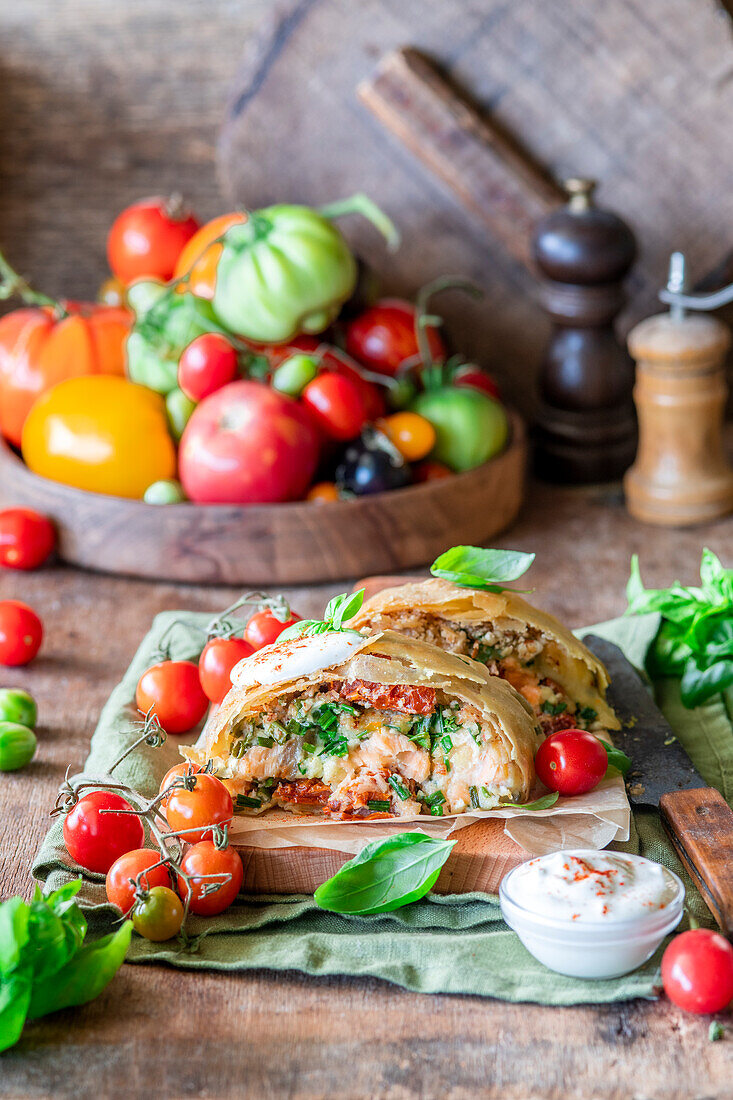 Tomato and salmon strudel