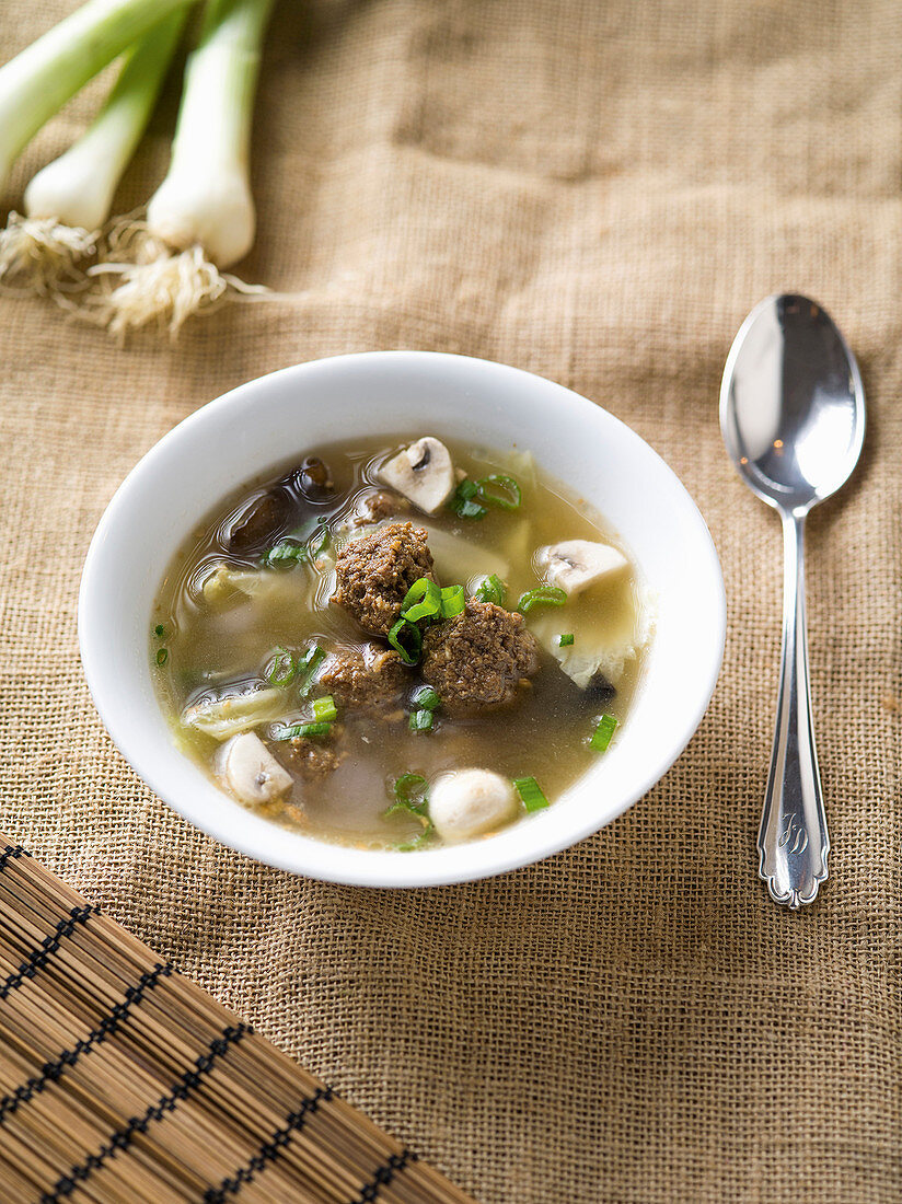 Chinese meatball soup with mu-err mushrooms
