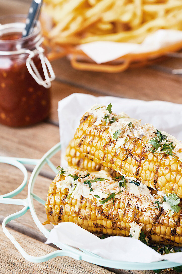 Grilled corn on the cob with coconut jalapeno butter