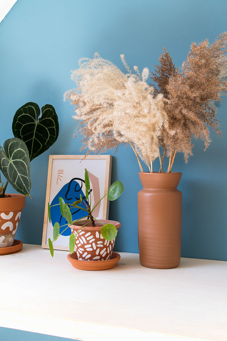 Pampas grass in clay vase and Chinese money plant in painted terracotta pot