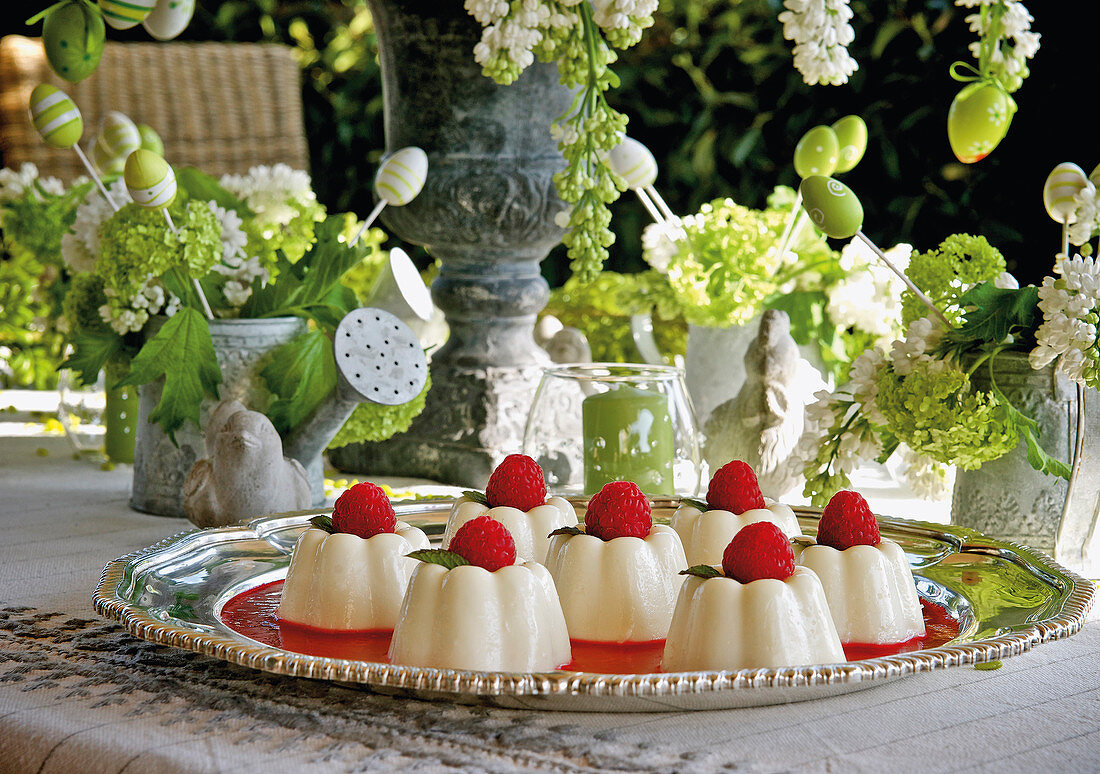 Mini panna-cotta with raspberry coulis on a table in a garden