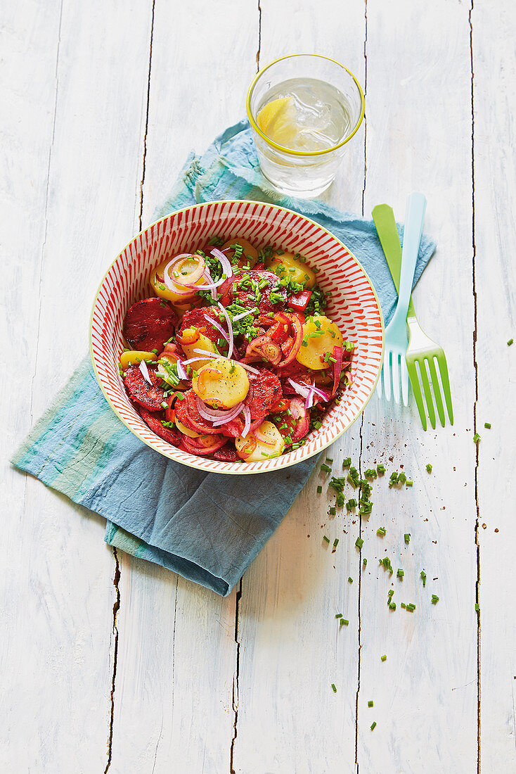 Spanish potato salad with pepper and chorizo