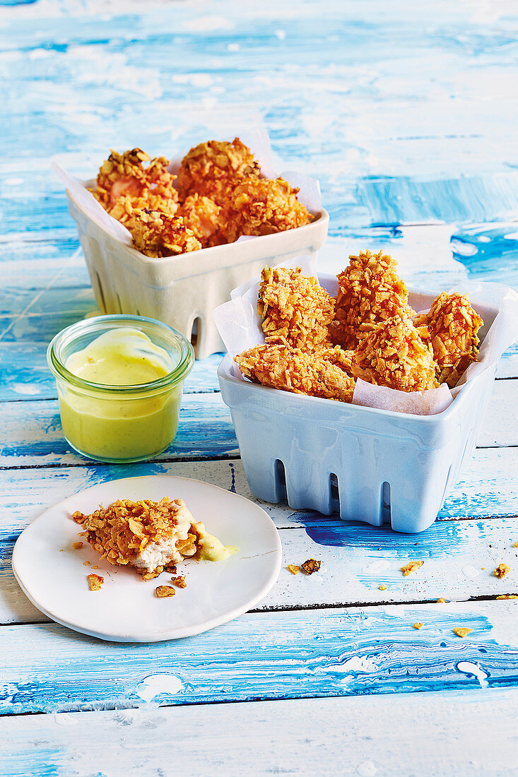 Tortilla nuggets with a mustard dip (football evening)