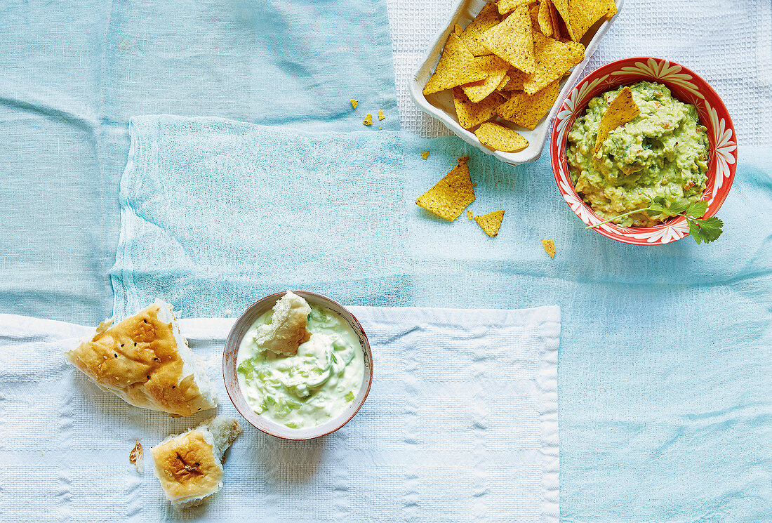 Guacamole and tzatziki for dipping