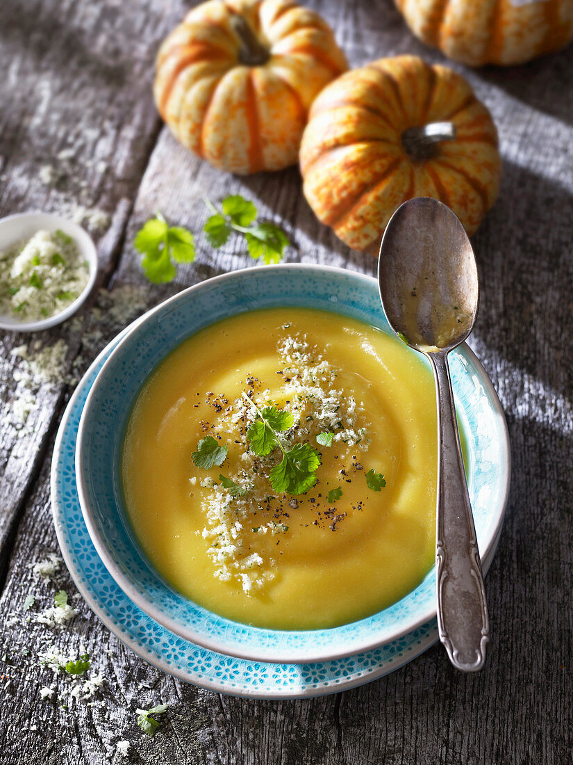 Pumpkin soup with fresh pepper, Parmesan and coriander