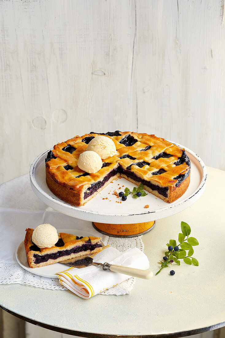 Swedish blueberry tart with vanilla ice cream