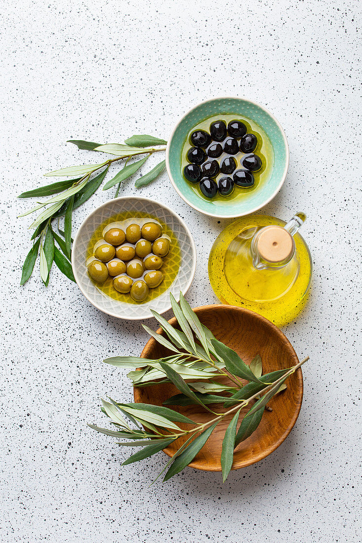 Green and black olives with olive oil in a glass bottle, olive tree sprigs and cut fresh ciabatta bread