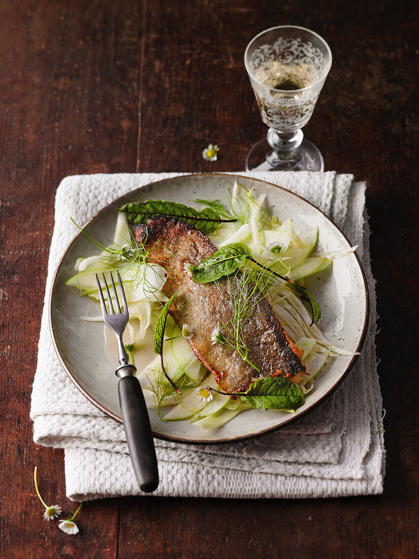 Roasted char fillet with apple and fennel salad and blood sorrel