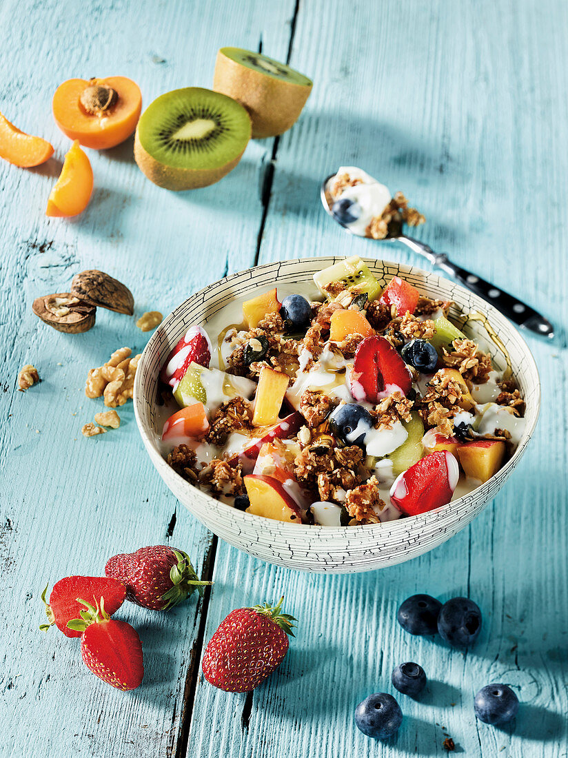 Crunchy muesli with fruit salad and yoghurt made in a Beefer