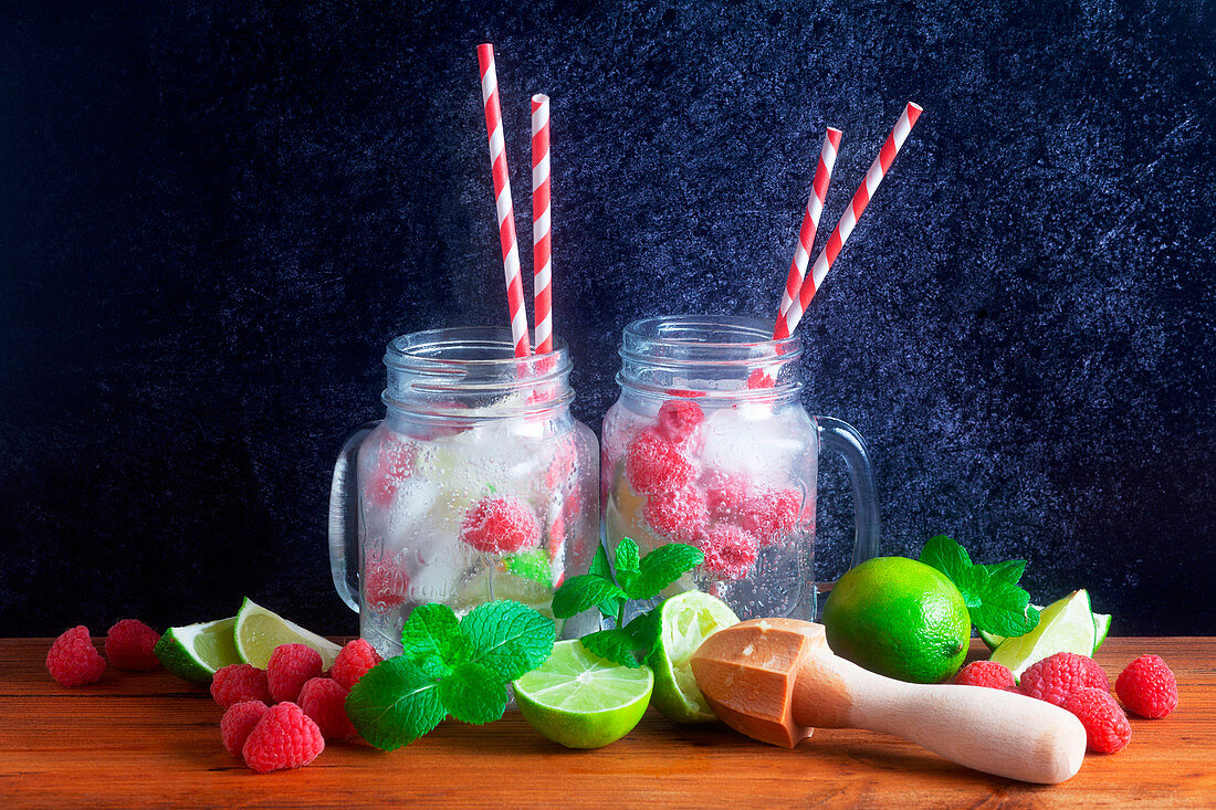 Glasses of homemade raspberry and lime lemonade