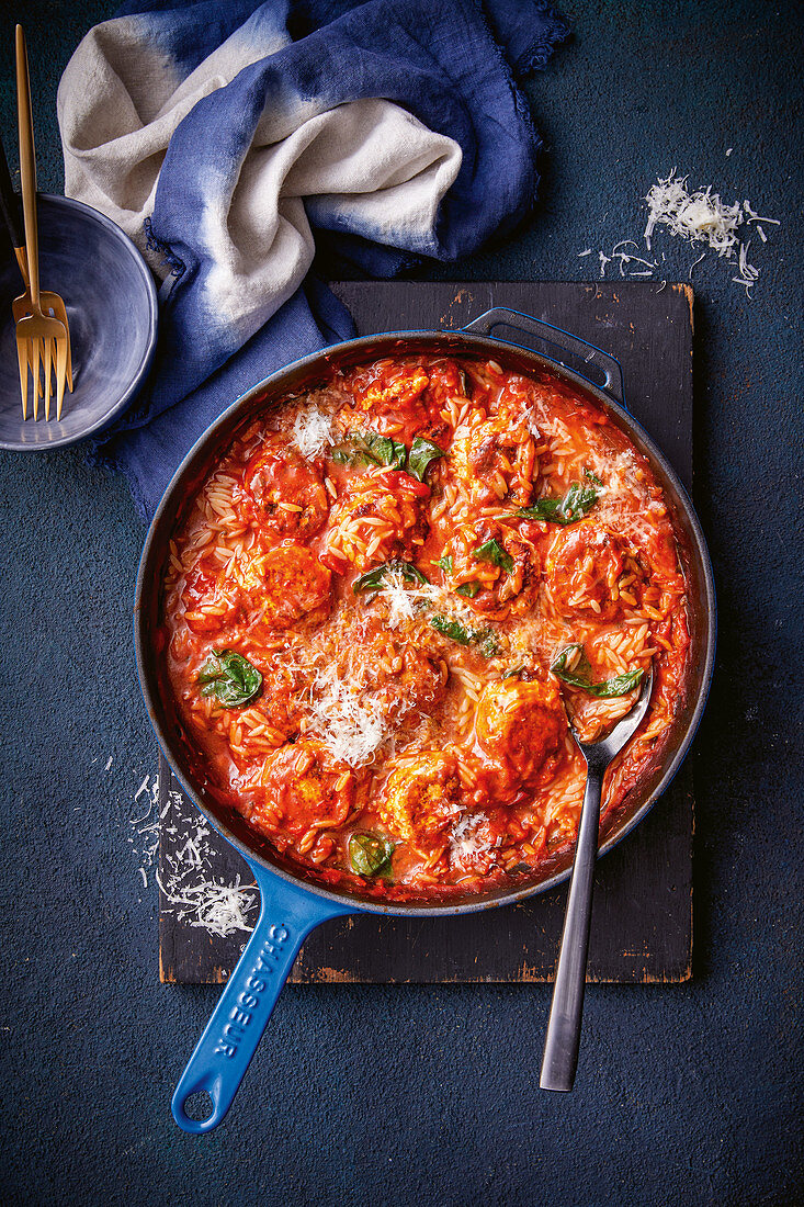 Ricotta-Geflügelbällchen mit Risoni in Tomatensauce