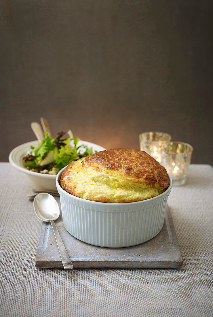 Cheeseboard souffle and seasonal salad