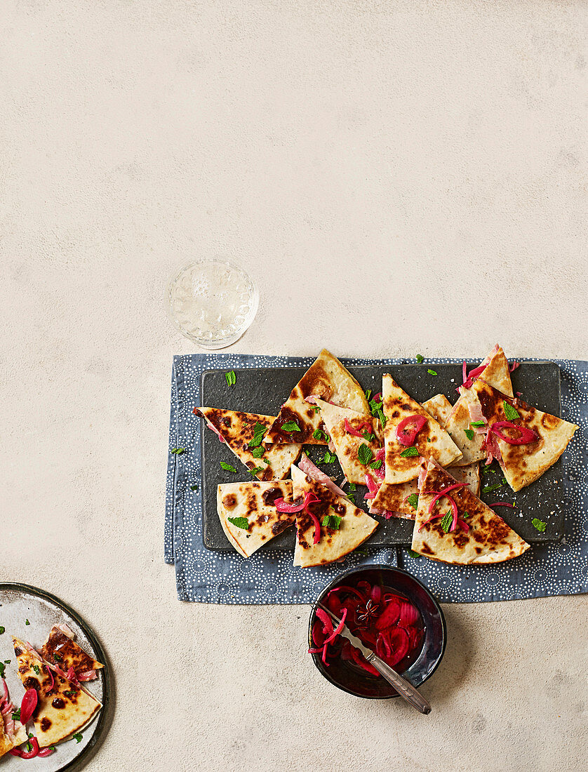 Christmas ham quesadilla with sweet pickled onions