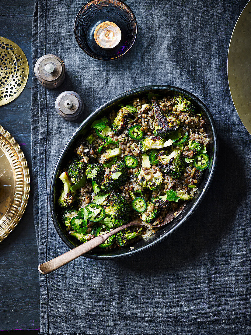 Lentils with charred broccoli and ginger