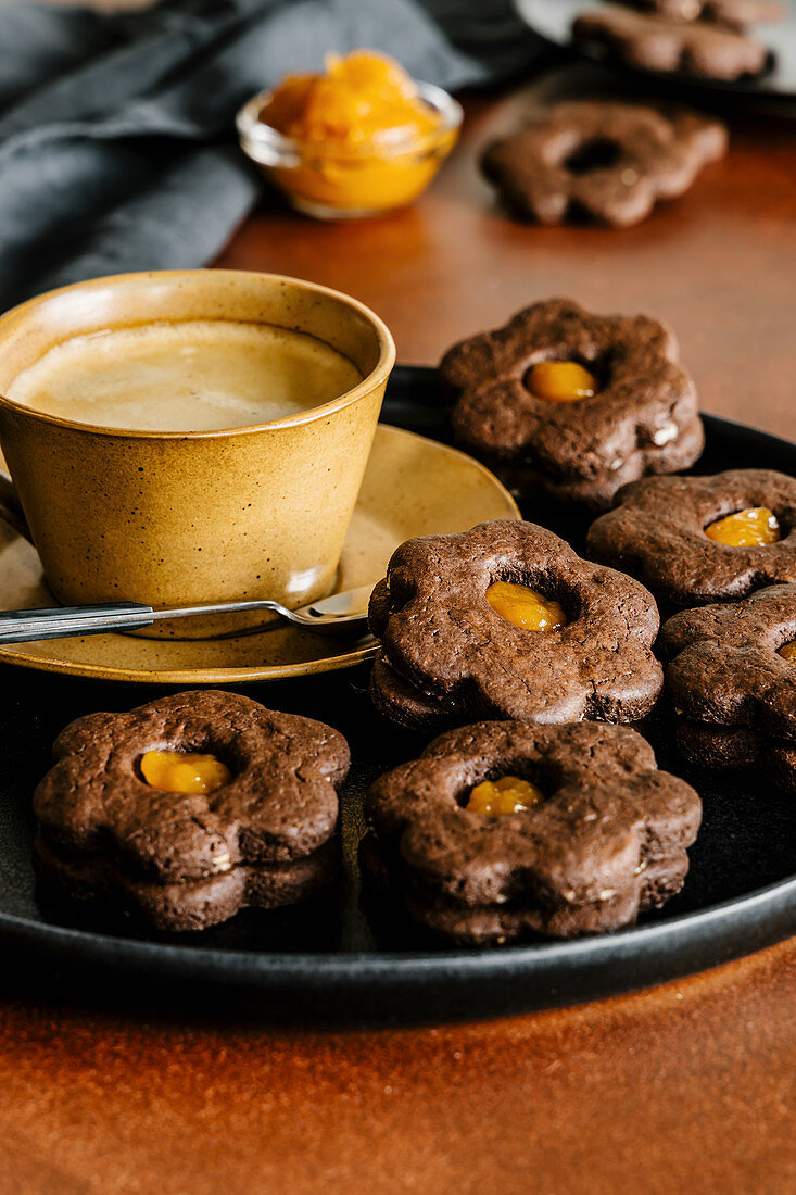 Dark chocolate cookies with sea buckthorn jam